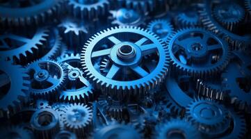 A closeup image of interlocked blue metal gears highlights the intricate design and teamwork in machinery, symbolizing collaboration and efficiency as parts work together for optimal results photo