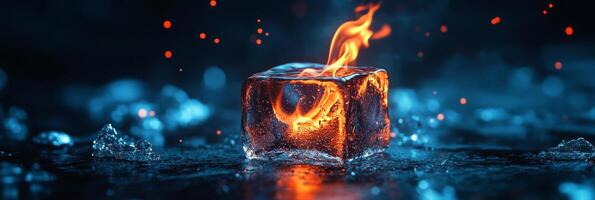 An ice cube engulfed in flickering flames illustrates the striking contrast between fire and ice, creating a mesmerizing experience that engages the viewers imagination and senses photo