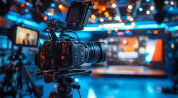 In a welllit studio, a highquality camera and advanced lighting enhance the audiovisual project, created with meticulous attention to detail, ensuring superior quality and professionalism photo