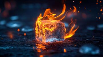 Imagine an ice cube set ablaze, creating a visually stunning scene that highlights the dramatic contrast between fire and ice, captivating the viewer with its remarkable intensity and dynamic display photo