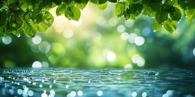 A tranquil scene with glistening water droplets on lush green leaves set against a soft, blurry background, enhancing the calm ambiance, making it inviting and serene for relaxation in nature photo