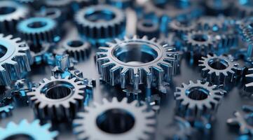 This image shows interconnected blue metallic gears, symbolizing the importance of teamwork, intricate machinery, and precision needed for successful engineering outcomes and advancements photo