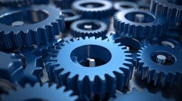 This illustration of interlocking blue metal gears symbolizes machinerys intricate workings and the vital role of teamwork in engineering, highlighting each components contribution to the system photo