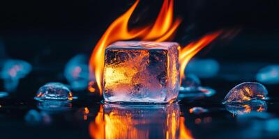 A strikingly captivating image showcases an ice cube completely engulfed in bright, vivid flames, vividly illustrating the dramatic and stunning contrast that exists between fire and ice photo