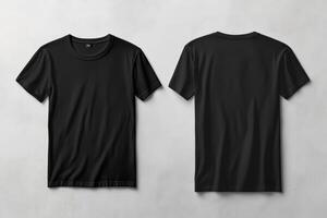 This stylish black blank tshirt mockup effectively showcases both the front and back views against a clean white wall backdrop, making it ideal for design presentations and apparel branding purposes photo