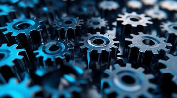 This image depicts blue metal gears interlocked, symbolizing teamwork and precision in machinery. Their seamless interaction reflects innovative design and a dynamic approach to industrial processes photo