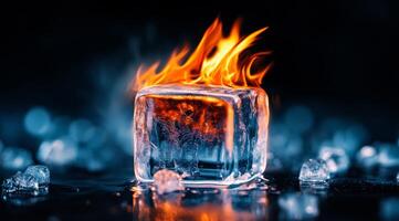 An extraordinary ice cube appears to be on fire amidst steam, showcasing the contrast between fire and ice, symbolizing natures duality and invoking thoughts on balance and transformation photo