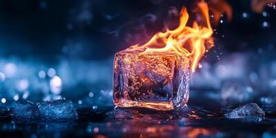 A breathtaking visual of a solitary ice cube completely engulfed in roaring flames, dramatically showcasing the striking contrast between the coolness and serenity of ice and the intense heat of fire photo