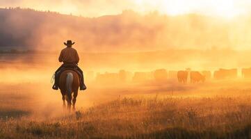 A skilled cowboy rides his strong horse, guiding a lively herd of cattle through misty fields at dawn, capturing the essence of ranch life and its rich traditions passed down through generations photo
