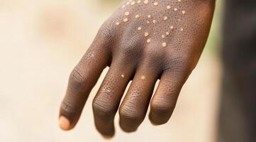 The image shows the symptoms associated with the monkeypox virus manifested on an individuals hand, which illustrates various lesions and skin alterations that are characteristic of the infection photo