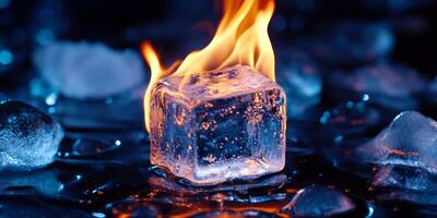 A captivating image of an ice cube engulfed in bright flames, showcasing the dramatic contrast between fire and ice in an artistic representation that evokes deep thoughts and emotions photo