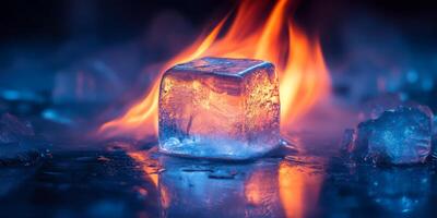 An ice cube in flames presents a captivating contrast of fire and ice, highlighting the beauty of these opposing forces and their intriguing relationship, reflecting natures dynamics photo