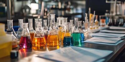 A vibrant display of various laboratory glassware filled with colorful liquids, meticulously arranged on a table, showcasing a scientific setting rich with potential for discovery photo