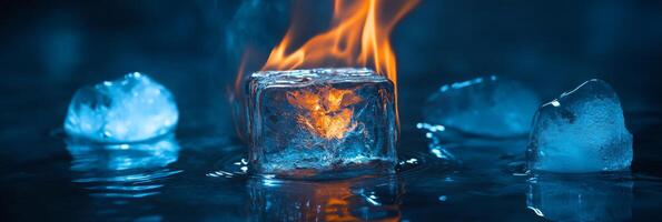 This visual of an ice cube in flames showcases the striking contrast between fire and ice against a calming blue background, creating a breathtaking dynamic that evokes various emotions photo
