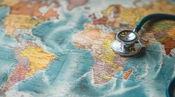 This image symbolizes the connection between global health care and geography, featuring a stethoscope on a world map, highlighting the importance of health awareness in various regions photo