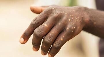 This image vividly illustrates the visible symptoms associated with monkeypox virus infection found on a persons hand, clearly showcasing the lesions that are typical of this particular disease photo