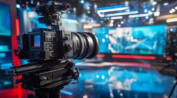In a modern TV studio, a highquality camera is placed to optimize the visibility of broadcasting equipment and advanced lighting, enhancing the overall production quality of the shows photo