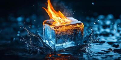 An incredibly captivating image captures a single ice cube that is dramatically encircled by vibrant and dancing flames, beautifully showcasing the striking contrast that exists between fire and ice photo