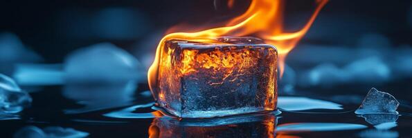 An ice cube amidst flames highlights the striking contrast between fire and ice, creating a captivating scene that emphasizes the relationship between opposing elements and engages our senses photo
