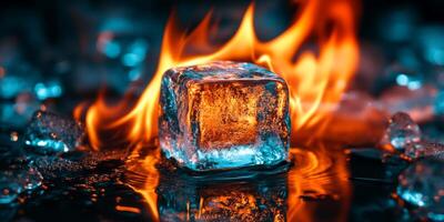 This striking image features an ice cube in flames, showcasing the stark contrast between fires heat and ices cold, captivating viewers with its stunning visuals and themes of transformation photo