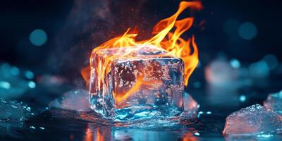 An ice cube engulfed by flames illustrates the captivating contrast between fires heat and ices chill, creating a mesmerizing display of elemental interplay that draws the viewer in photo