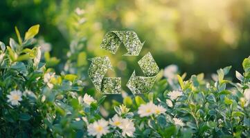 The image shows a circular economy symbol against lush greenery, highlighting the importance of reusing and recycling renewable resources for environmental sustainability and ecosystem balance photo