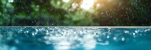 A blissful scene shows raindrops splashing on smooth water, framed by a softly blurred natural backdrop, creating a sense of peace and vibrant life throughout the colorful scenery photo