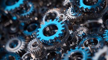 This captivating closeup photograph showcases intricate blue metal gears, reflecting the significance of teamwork and cooperation in advanced machinery and symbolizing engineering excellence photo
