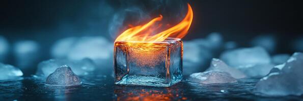 A mesmerizing ice cube surrounded by bright, flickering flames, showcasing the vivid and striking contrast between the elements of fire and ice in a truly stunning and captivating visual display photo