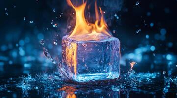 An artistic and imaginative portrayal of an ice cube engulfed in flames, beautifully showcasing the striking contrast between fire and ice, all amidst dazzling and dynamic water splashes around it photo