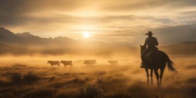 A captivating silhouette of a lone cowboy on horseback skillfully guiding a large herd of cattle through a misty and fogcovered landscape, with the warm glow of sunrise illuminating the scene photo