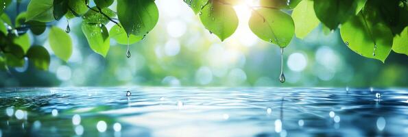 Imagine a serene scene with vibrant green leaves floating above tranquil water, enhanced by soft natural lighting and a blurred background, creating an ideal spot for nature lovers to unwind photo