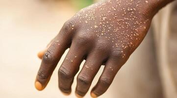 This particular image clearly illustrates the skin lesions and rashes that are typical of a monkeypox virus infection presenting on a persons hand, emphasizing the visual signs of the disease photo