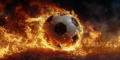 A dynamic soccer ball surrounded by roaring flames, vividly capturing the intense and thrilling action of the game photo