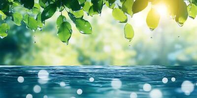 A beautifully serene view showcases vibrant green leaves gently swaying above a glistening body of water, all set against a softly blurred backdrop that evokes a deep sense of peace and tranquility photo