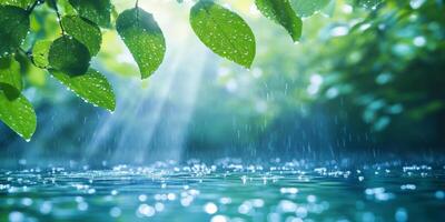 In this scene, vibrant green leaves glisten with raindrops under warm sunlight, softly blurred for a soothing bokeh effect, while sparkling water shines under the gentle suns radiance photo