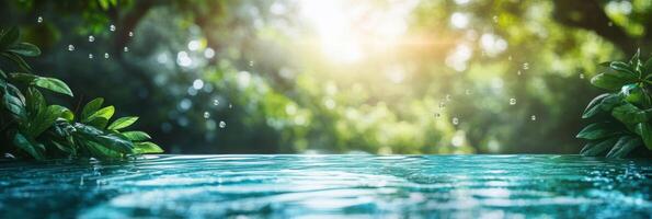 A beautifully tranquil scene that features clear and sparkling water surrounded by a variety of vibrant plants, all set against a softly blurred natural background that is filled with warm sunlight photo
