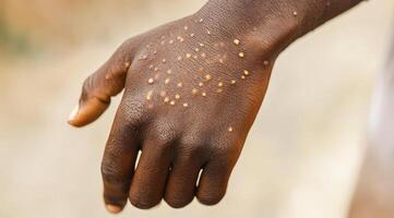 This is a closeup view of a human hand that clearly shows various lesions, which are indicative of a monkeypox virus infection, effectively highlighting the visible symptoms of this condition photo