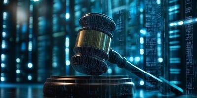 In a busy data center with many servers, a judicial gavel symbolizes the essential link between law and the rapid advancement of artificial intelligence in todays digital landscape photo