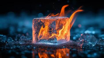 An ice cube surrounded by flickering flames creates a stunning contrast between the elements of fire and ice, resulting in a visually captivating display that grabs attention and inspires wonder photo