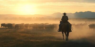 A skilled cowboy on horseback expertly guides a herd of cattle through a scenic sunset landscape, surrounded by soft mist and majestic mountains, creating a picturesque atmosphere photo
