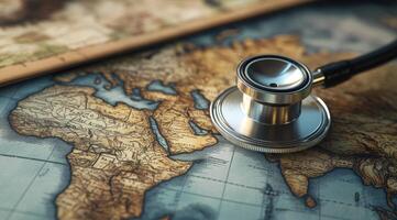 A stethoscope on a world map represents the importance of global health care systems and their influence on health outcomes, emphasizing the interconnectedness of health issues across nations photo