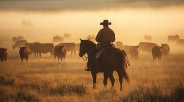 A skilled cowboy on horseback expertly navigates a moving herd of cattle across the picturesque misty fields at sunrise, beautifully illustrating the enchanting and hardworking life of ranch life photo