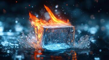 An ice cube that is calmly floating in a pool of water, while simultaneously being engulfed in vibrant and mesmerizing flames, showcasing the dramatic contrasting elements of fire and ice photo