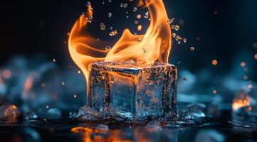 An ice cube dramatically caught in flames, effectively showcasing the striking contrast between fire and ice, which beautifully highlights their fundamentally opposing natures and characteristics photo
