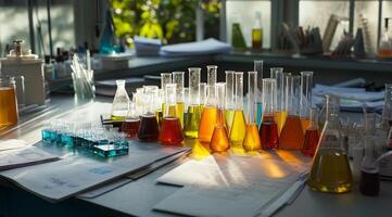 In a tidy laboratory, a sturdy wooden table showcases colorful glass flasks and beakers filled with intriguing liquids, highlighting the excitement of handson scientific experiments and discovery photo