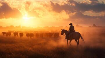A skilled cowboy, in traditional attire, expertly rides his horse to round up cattle as the sun sets, capturing the essence of life on the open range, full of adventure and natures rugged charm photo