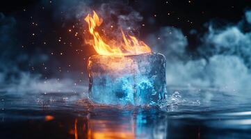 A mesmerizing and captivating image of an ice cube engulfed in fiery flames, vividly showcasing the stunning contrast between the elements of fire and ice, all amidst smoke and glimmering reflections photo