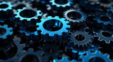 This detailed closeup of interlocked blue metal gears showcases intricate design and functionality, symbolizing the essence of teamwork and collaboration in engineering processes photo