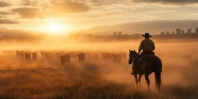 A skilled cowboy on horseback skillfully guides a large herd of cattle at the break of dawn, surrounded by a misty, enchanting landscape and the warm, golden glow of the rising sun photo